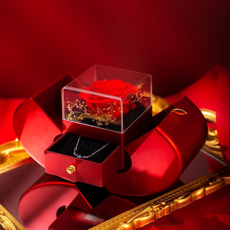 Coffret Cadeau Pomme Rouge avec Rose Éternelle et Collier