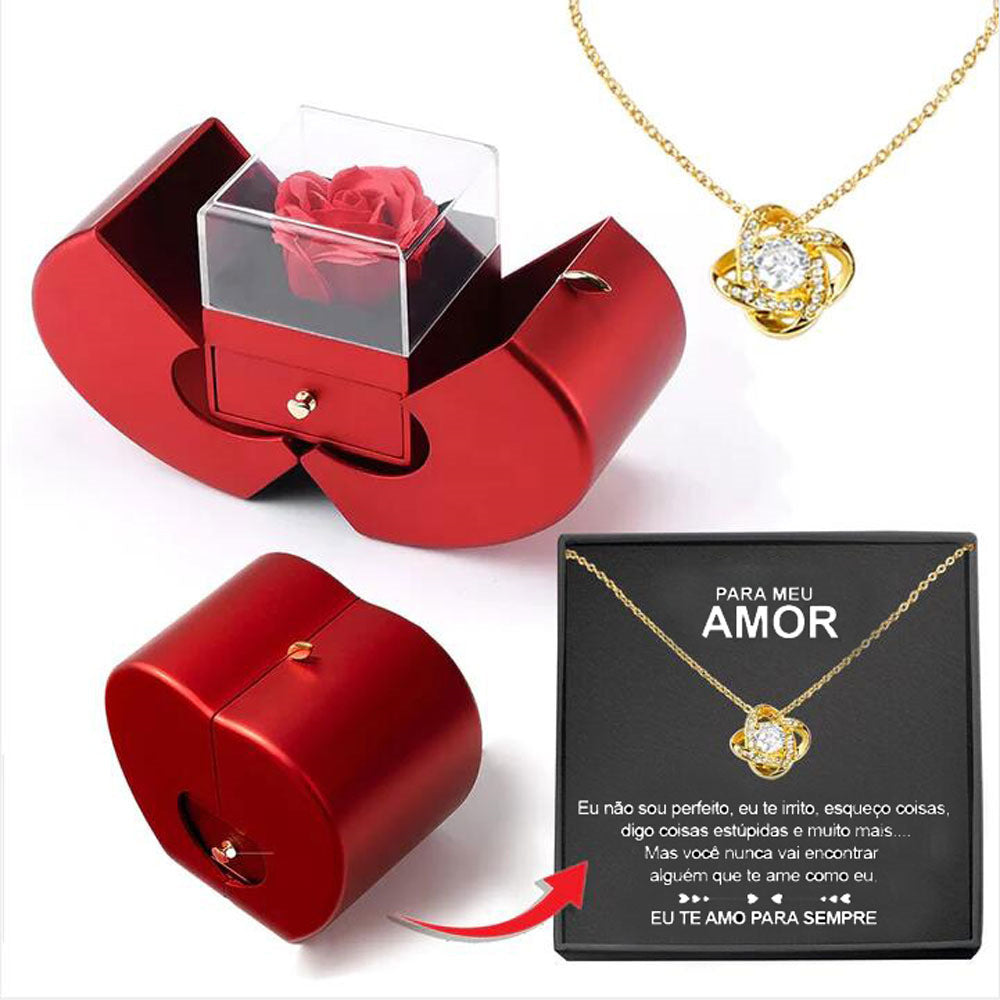 Coffret Cadeau Pomme Rouge avec Rose Éternelle et Collier