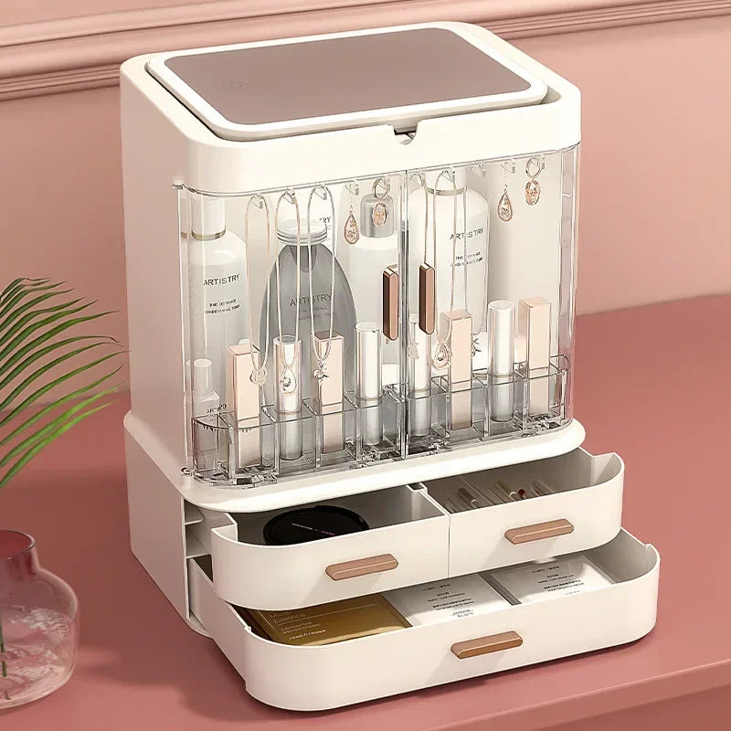 Boîte de rangement cosmétique avec miroir, anti-poussière, grande capacité, bureau lumineux intégré