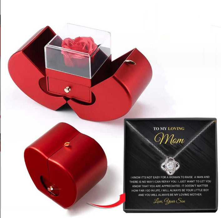 Coffret Cadeau Pomme Rouge avec Rose Éternelle et Collier