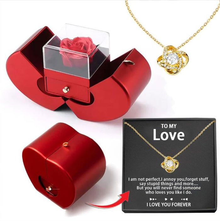 Coffret Cadeau Pomme Rouge avec Rose Éternelle et Collier