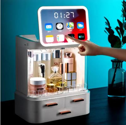 Boîte de rangement cosmétique avec miroir, anti-poussière, grande capacité, bureau lumineux intégré