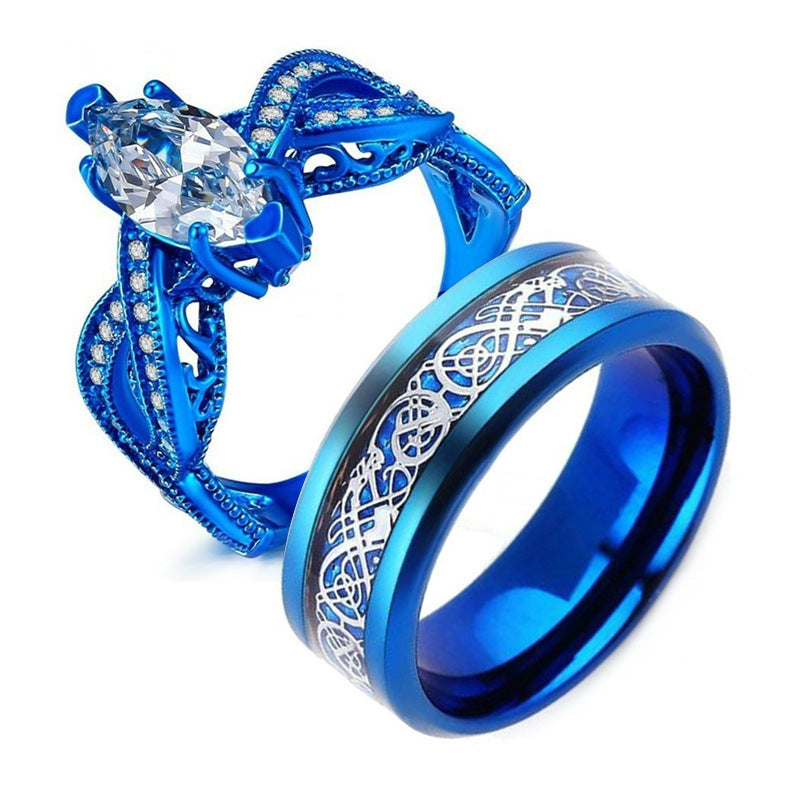 Bague de couple bleu et or en acier inoxydable – Cadeau romantique tendance