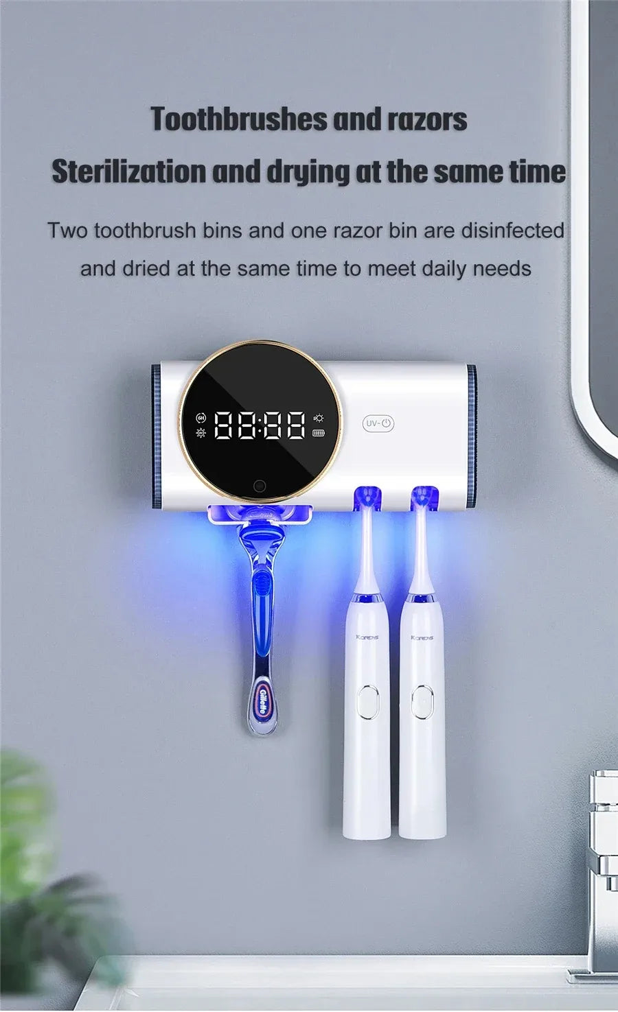 Porte-brosse à dents UV mural et support de rasoir