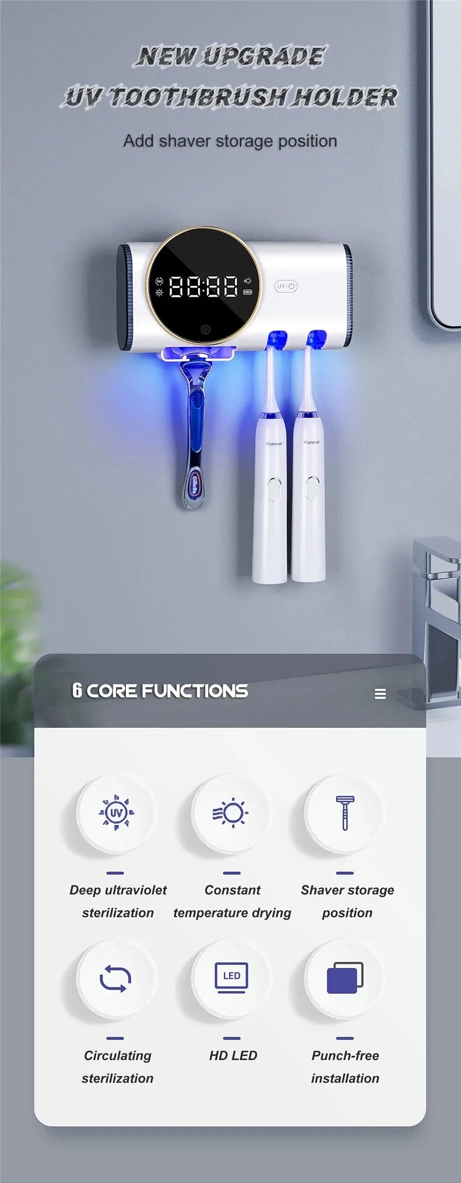Porte-brosse à dents UV mural et support de rasoir