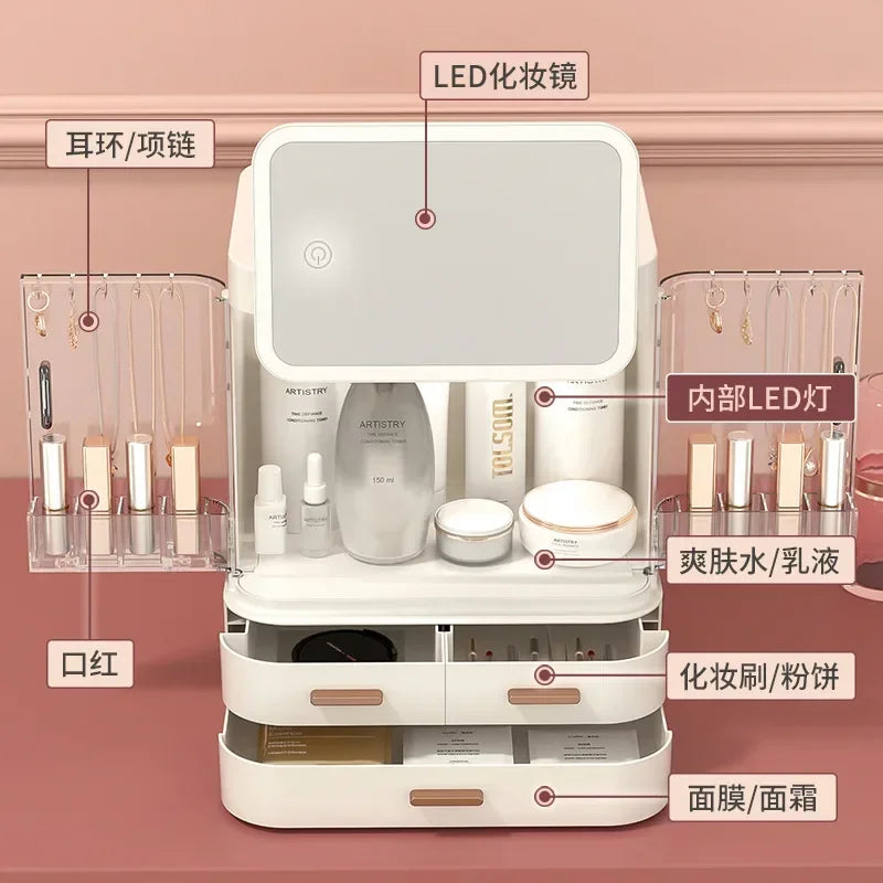 Boîte de rangement cosmétique avec miroir, anti-poussière, grande capacité, bureau lumineux intégré