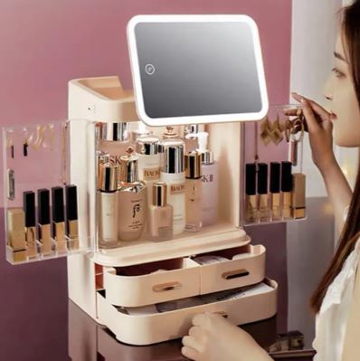 Boîte de rangement cosmétique avec miroir, anti-poussière, grande capacité, bureau lumineux intégré